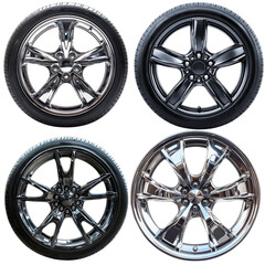 High quality car wheels featuring variety of designs and finishes, including chrome and black...