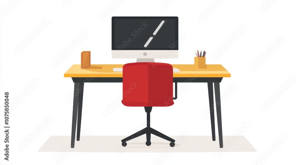 Aufkleber flat vector setup: office desk with a desktop computer and chair,