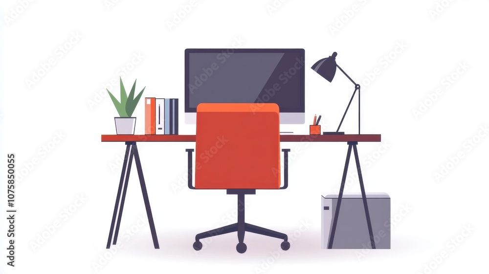 Poster flat vector setup: office desk with a desktop computer and chair,
