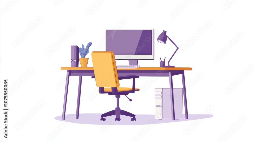 Aufkleber flat vector setup: office desk with a desktop computer and chair,