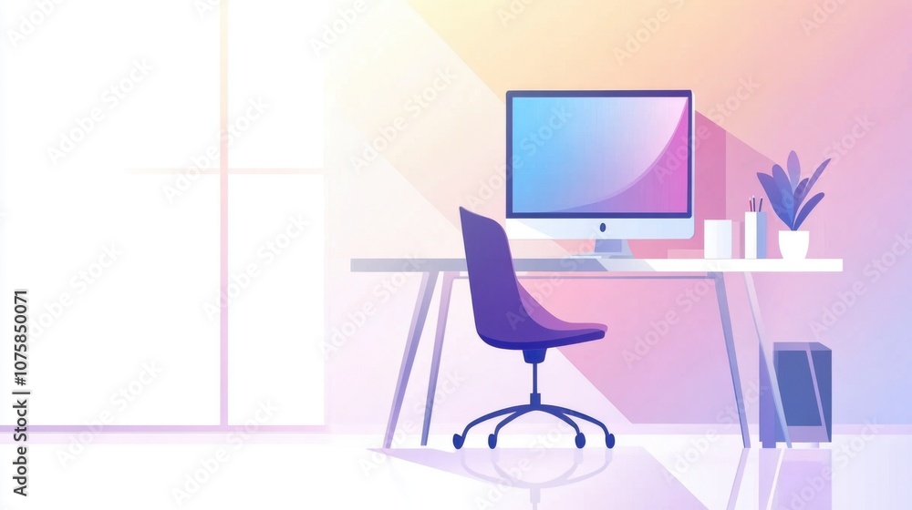 Poster flat vector setup: office desk with a desktop computer and chair,