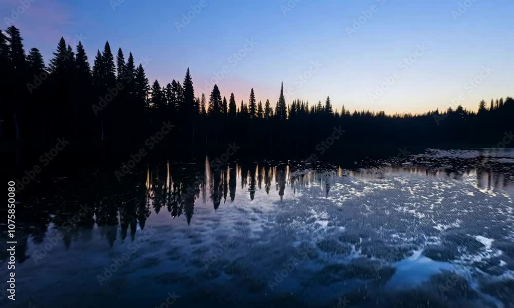 Poster tranquil twilight over lake with forest silhouette and colorful sky : generative ai