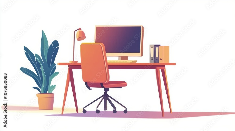 Aufkleber flat vector style: empty desk with a desktop computer and chair,