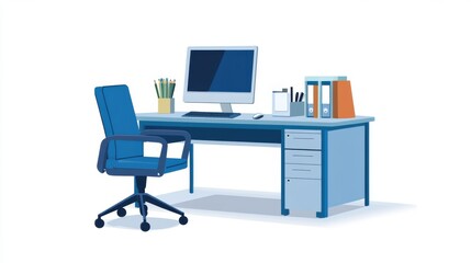 Flat vector scene: Office furniture including a work desk, desktop computer