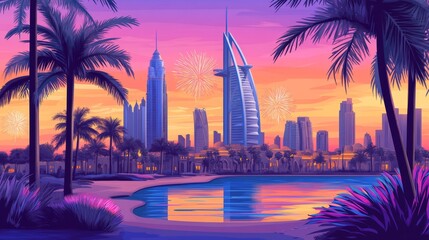 Obraz premium A vibrant sunset skyline featuring iconic buildings and fireworks over a serene waterfront.