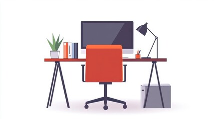 Flat vector setup: Office desk with a desktop computer and chair,
