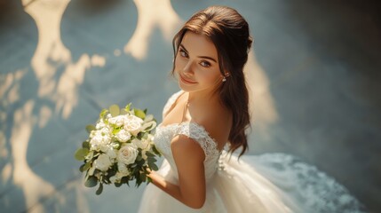  Bride holding bouquet against soft background in close-up
