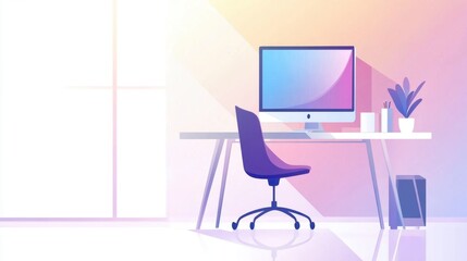 Flat vector setup: Office desk with a desktop computer and chair,