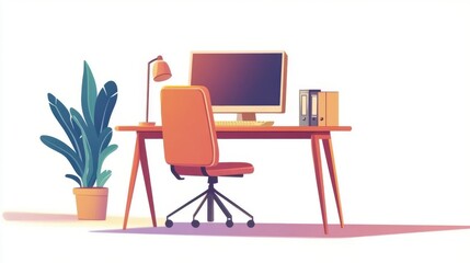 Fototapeta premium Flat vector style: Empty desk with a desktop computer and chair,