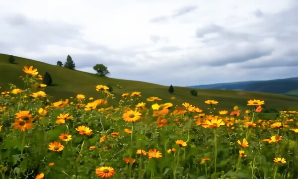 Vibrant Field of Yellow Wildflowers Under Cloudy Blue Sky in Rolling Countryside Setting : Generative AI