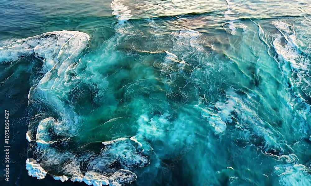Poster aerial view of turquoise ocean waves crashing vigorously on rocky shoreline : generative ai