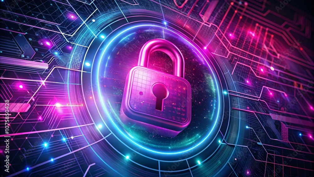 Poster a glowing pink padlock at the center of a futuristic digital security interface with abstract patter