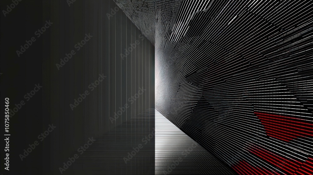 Poster abstract perspective with linear design illustrating depth and space in monochrome and red hues, sui