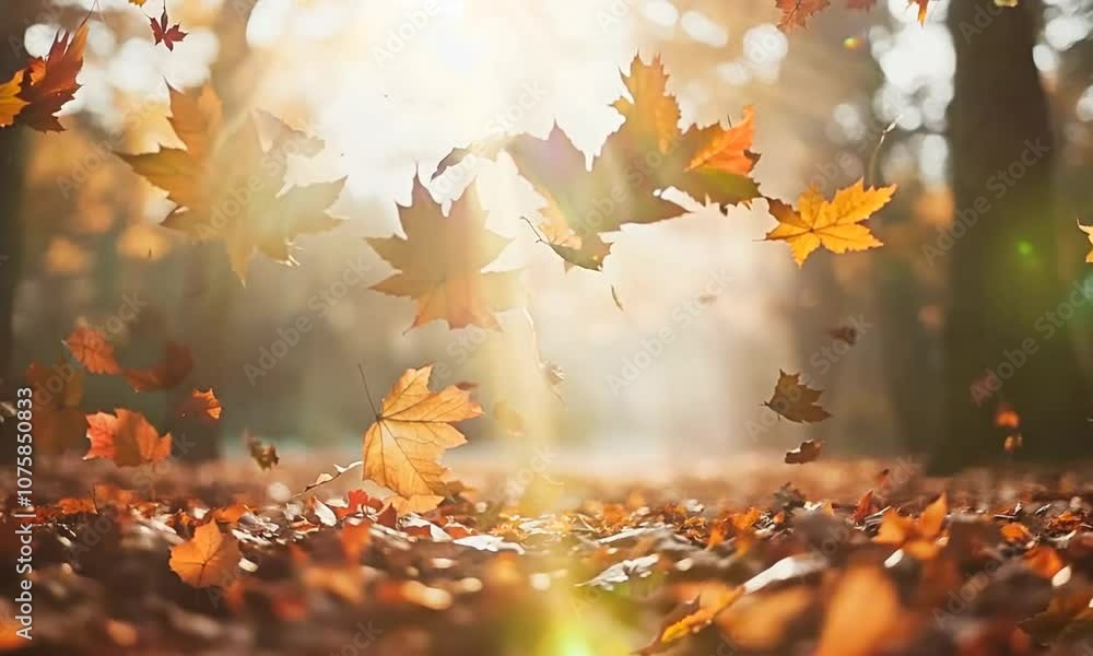 Poster autumn leaves falling gracefully in a tranquil forest setting : generative ai