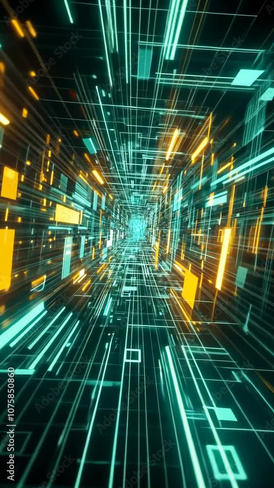 Poster a glowing teal and orange digital tunnel extends into the distance, creating a futuristic and abstra