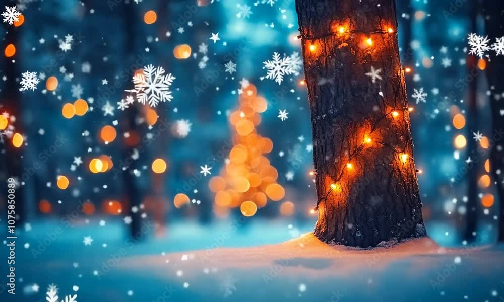 Aufkleber enchanting winter forest with decorative lights on trees and snowfall : generative ai