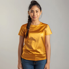 A young Hispanic girl wearing a shiny gold t-shirt and blue jeans, smiling warmly against a soft, neutral background.