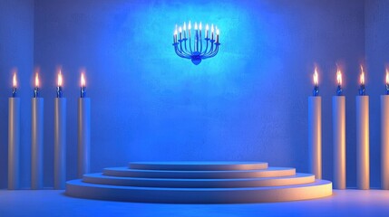Blue Room with Lit Candles and a Circular Platform