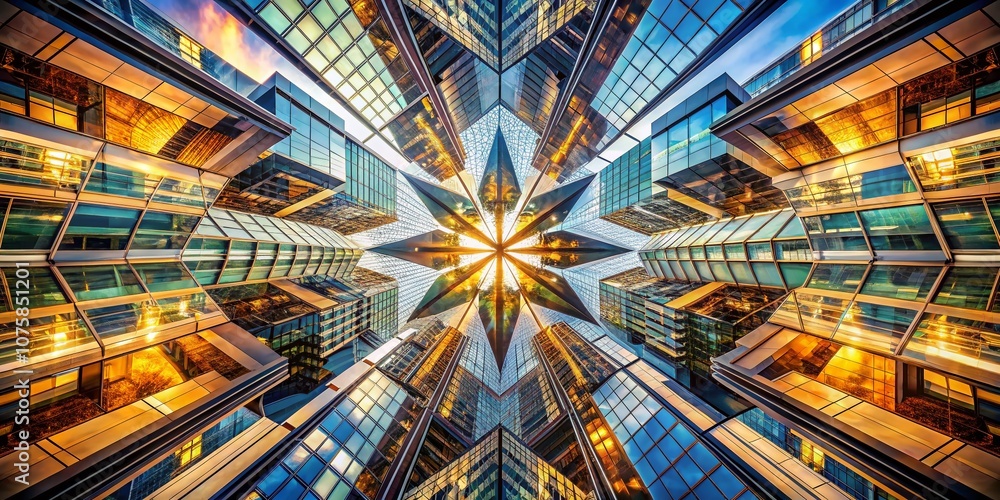 Poster architectural photography featuring dynamic motion graphics with kaleidoscope effect in modern urban