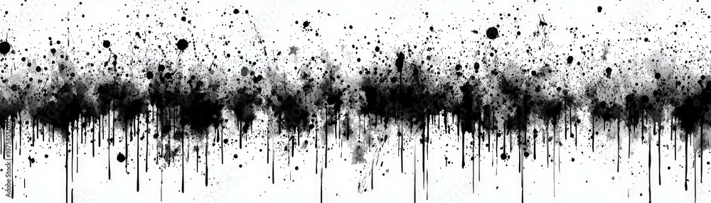 Poster Abstract Black Ink Splash Background with Drips and Splatter Patterns on White Canvas, Perfect for Artistic Designs and Texture Applications