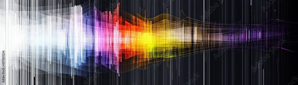 Poster vibrant spectrum of light waves creating a dynamic visual sound wave effect against a dark backgroun