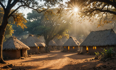 A village of thatched huts nestled amongst trees in the golden light of the early morning sun