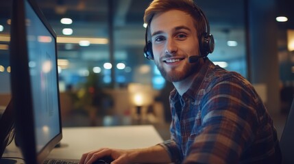 Fototapeta premium Friendly male call-center worker sitting at his desk with a headset,