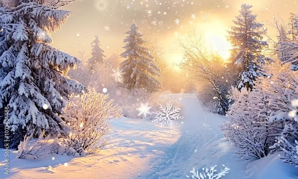 Poster serene snowy landscape with sunlit trees in a winter wonderland scene : generative ai