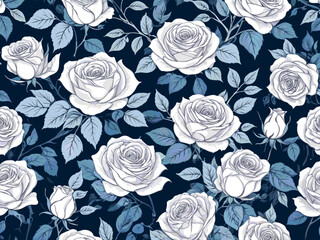 Abstract floral background with branches of roses. White and blue pattern illustration