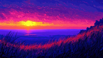 Vibrant Sunset Landscape Overlooking Calm Waters with Lush Grass and Dramatic Clouds Filling the Sky in Rich Shades of Purple and Orange