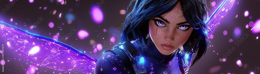 Poster enchanting digital fantasy character with shimmering wings and intense gaze in a futuristic setting 