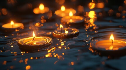 Generative AI rendering of burning candles in water for Diwali,