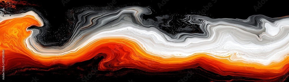Poster abstract fluid art in vibrant orange, black, and white colors creating a dynamic wave pattern ideal 