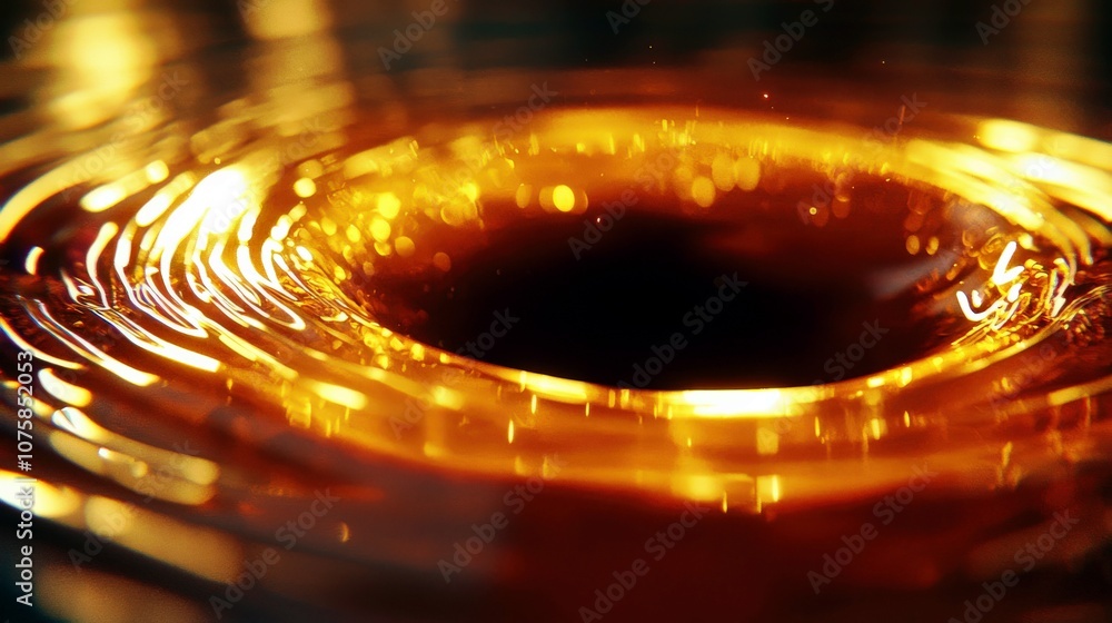 Poster close-up view of a dark circular water surface with golden ripples and glowing effects creating a se