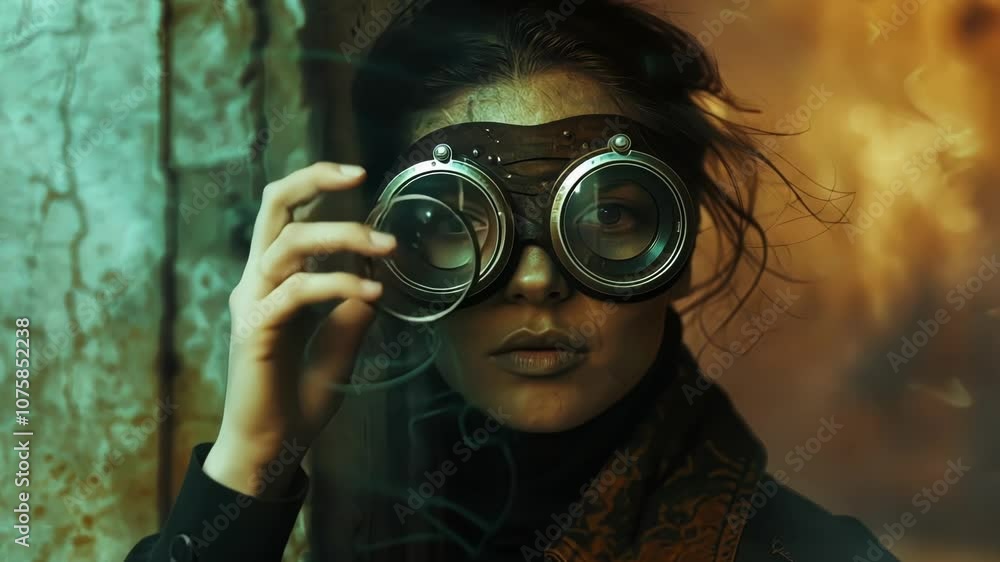 Poster a person detecting a hidden door in a wall their goggles allowing them to see through solid material