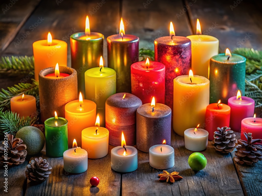 Poster a set of colorful candles in various sizes with warm glow creating a festive atmosphere and aromatic