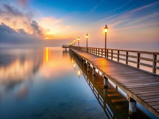 Obraz premium A Serene Wooden Pier at Dawn: Embraced by Fog and Gentle Waves, Perfect for Architectural Photography Enthusiasts Seeking Tranquil Water Scenes
