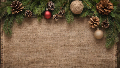 Rustic Christmas banner, burlap, plaid, and woodland elements with natural greenery. Panoramic banner with place for text
