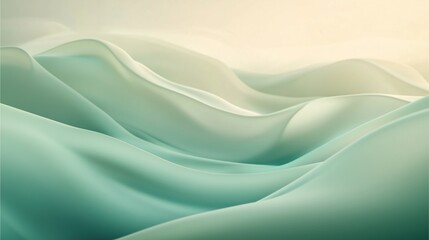Fototapeta premium Abstract waves in muted green and cream, cascading in a gentle motion with soft-focused light and subtle shadows, creating a flowing effect.
