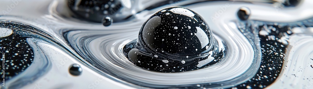 Poster close-up of abstract black and white fluid mixture with bubbles and swirls creating a unique and art