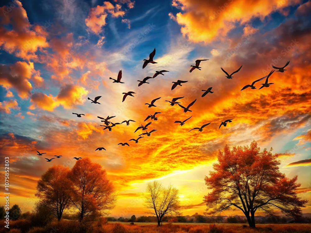 Poster a stunning display of birds migrating south against a vivid backdrop of autumn clouds, capturing the