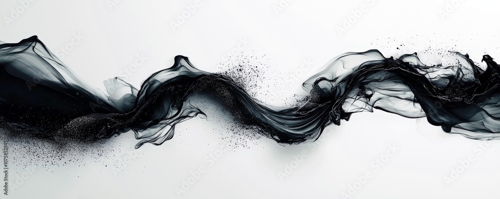 Poster Dynamic and Ethereal Black Fabric Flowing Across a Minimalistic Background, Creating a Sense of Movement and Depth with Subtle Particle Effects