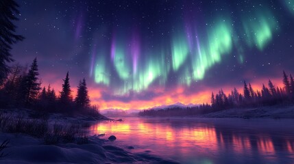 Naklejka premium Stunning auroras illuminate a serene river landscape at twilight.