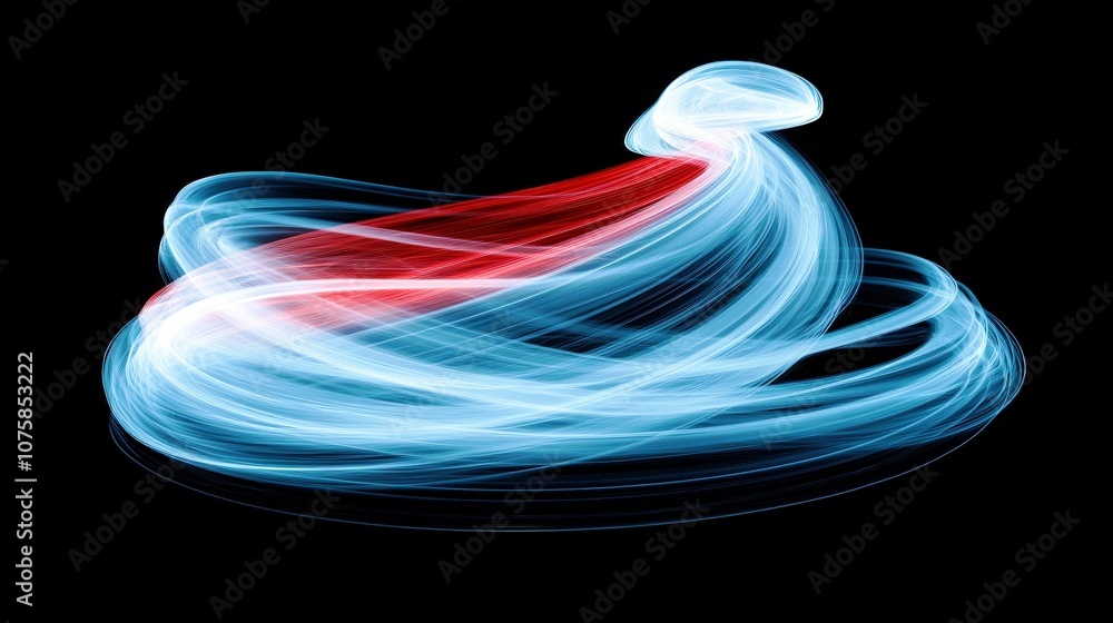 Poster abstract light trails creating a dynamic swirling pattern in blue and red colors against a black bac