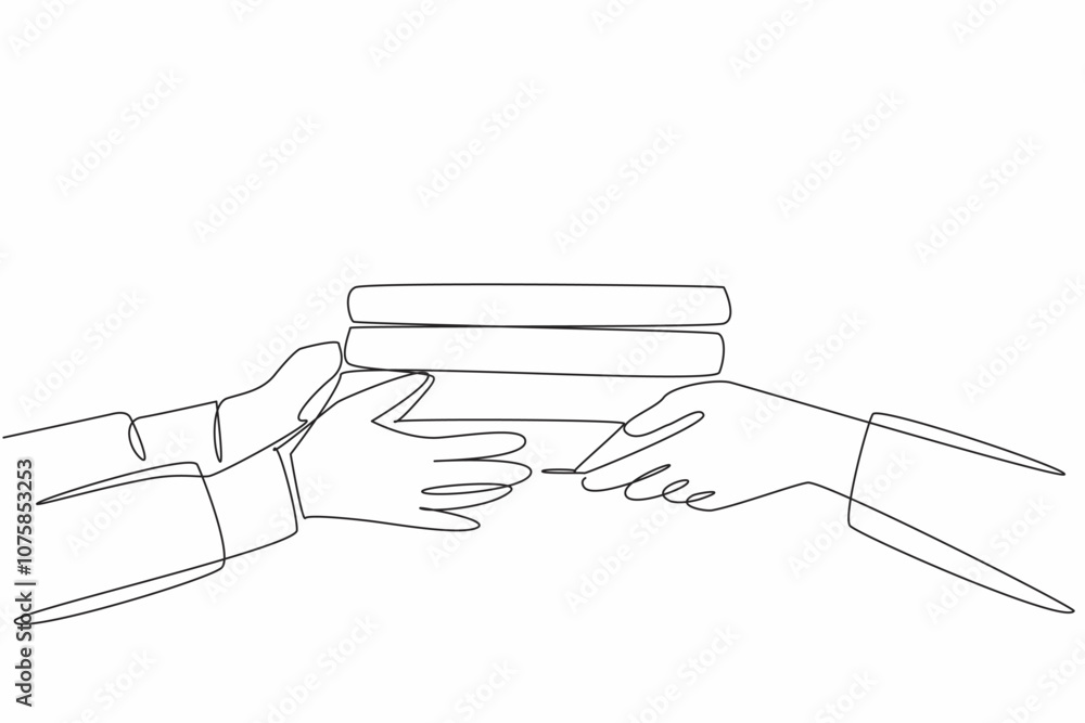 Poster continuous one line drawing two hands, one passing a stack of books to the other. education and lear