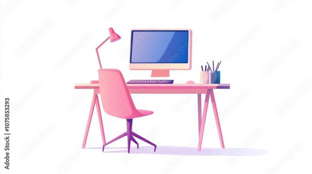 Poster isolated flat vector workspace: empty desk with a computer monitor