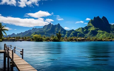 Serene landscape featuring a calm lake, lush mountains, and a wooden dock under a clear sky.