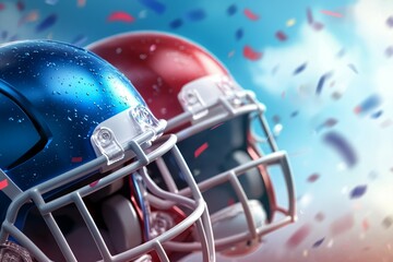 Fototapeta premium Two football helmets are shown in a blue and red color