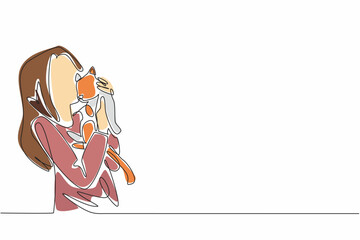 Continuous one line drawing a young woman embracing her feline companion. The simplicity and beauty of their shared moment. National Love Your Pet Day. Single line draw design vector illustration