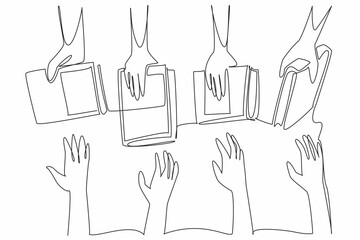 Single continuous line drawing multiple hands holding books. Shared learning experience. Expanding thinking horizons. Discussion. International Book Giving Day. One line design vector illustration
